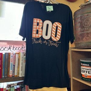 Halloween T-shirt, trick or treat, BOO, orange/white, Calamity Jane, 2X